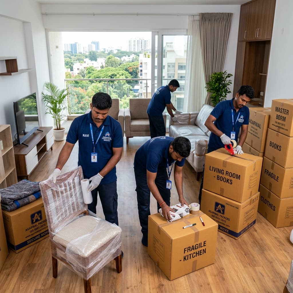Household Shifting in Bangalore – Motion Packers and Movers Movers packing household items in Bangalore apartment
