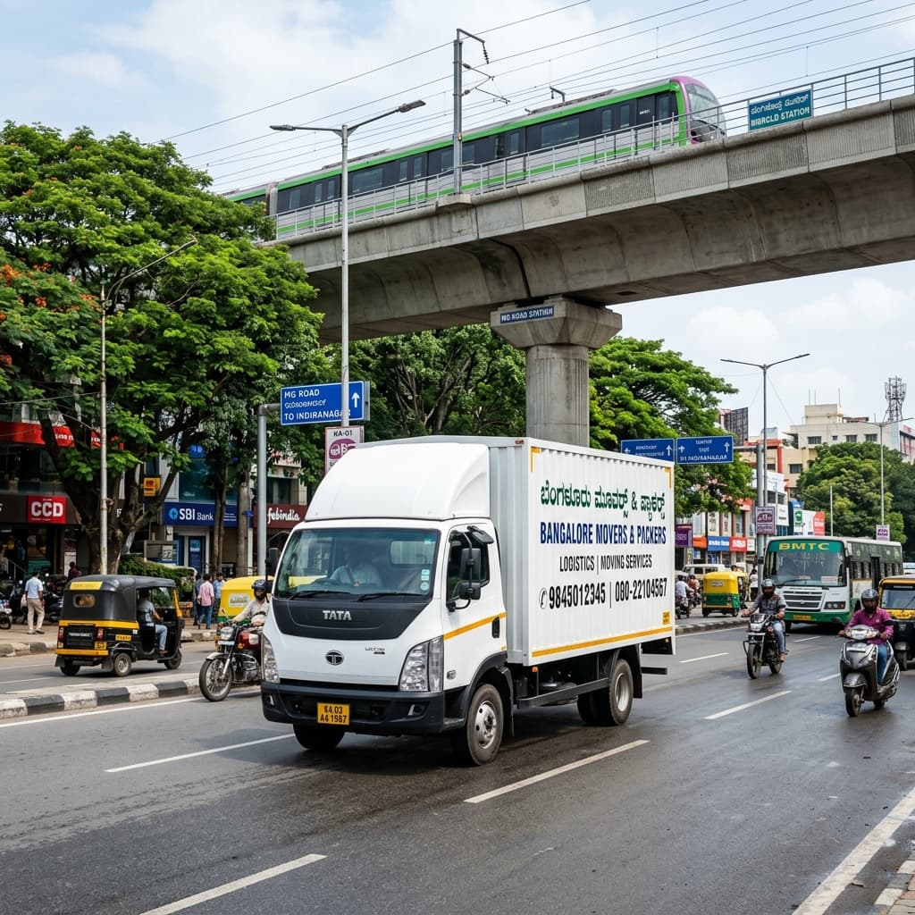 Premium Moving Truck Fleet – Motion Packers and Movers Packers and movers cargo truck on Bangalore highway