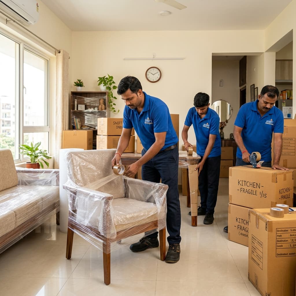 Household Packers and Movers in Ranchi – Motion Packers and Movers Professional packers carefully packing household items in Ranchi